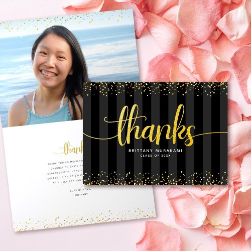 Black gold glitter script modern graduation photo thank you card