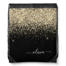 Black Gold Glitter Script Monogram Name Drawstring Bag Black Gold Glitter Script Monogram Name Drawstring Bag