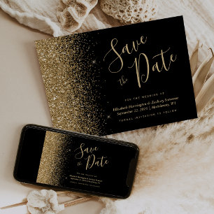 Black Gold Glitter Script Save the Date Invitation
