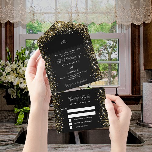 Black gold glitter script wedding all in one invitation