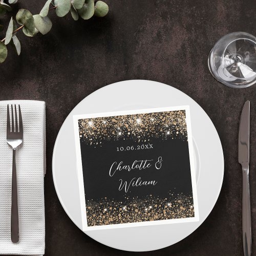 Black gold glitter script wedding napkins