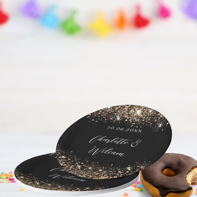 Black gold glitter script wedding paper plates (Creator Uploaded)