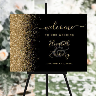 Black Gold Glitter Script Wedding Welcome Sign