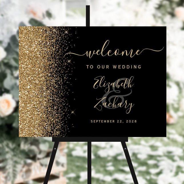 Black Gold Glitter Script Wedding Welcome Sign (Creator Uploaded)