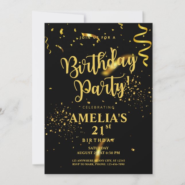 Black Gold Glitter Shiny Let's Party Birthday Invitation (Front)