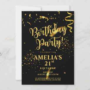 Black Gold Glitter Shiny Let's Party Birthday Invitation