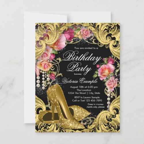 Black Gold Glitter Shoes Birthday Party Invitation