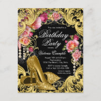 Black Gold Glitter Shoes Birthday Party Invitation
