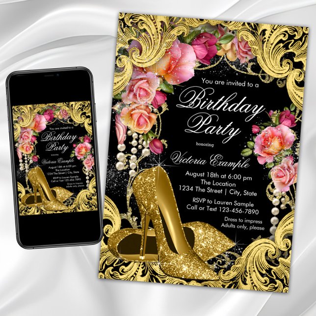 Black Gold Glitter Shoes Birthday Party Invitation (Gold high heel shoe birthday party invitation with gold shoes on a beautiful coral gold background.)