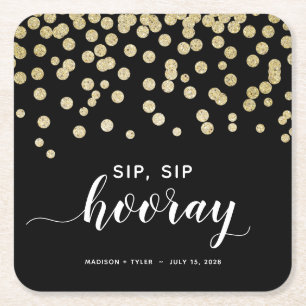 Black & Gold Glitter Sip Sip Hooray Fun Wedding Square Paper Coaster