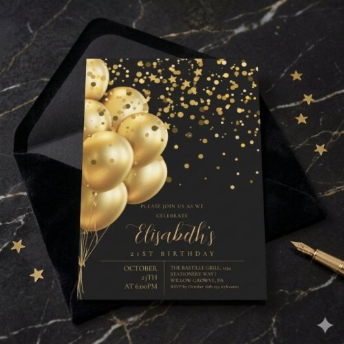 Black Gold Glitter Sparkle Balloons Birthday Invitation