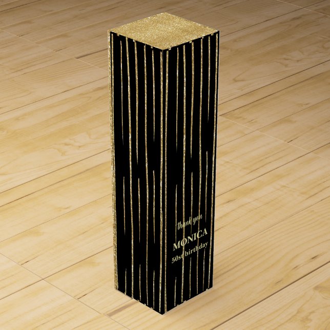 Black &gold glitter sparkle birthday party custom wine box (Front)