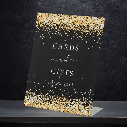 Black gold glitter sparkle cards gift pedestal sign
