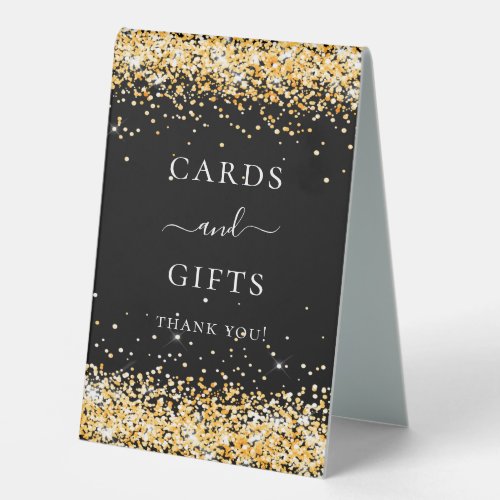 Black gold glitter sparkle cards gift table tent sign