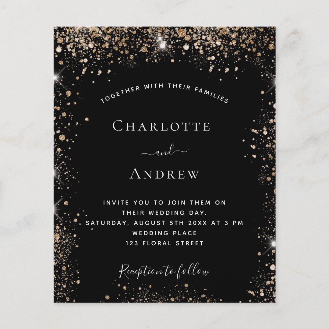 Black Gold Glitter Sparkle Elegant Budget Wedding Flyer 