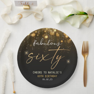 Black Gold Glitter Sparkle Glam 60th Birthday Paper Plates