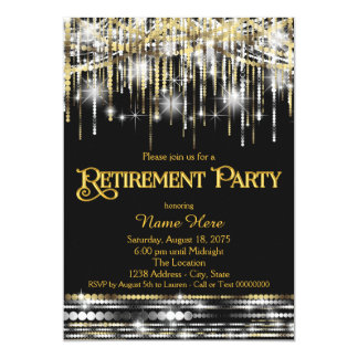 Black Gold Glitter Sparkle Lights Retirement Party Card