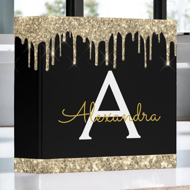 Black Gold Glitter & Sparkle Monogram 3 Ring Binder (Creator Uploaded)
