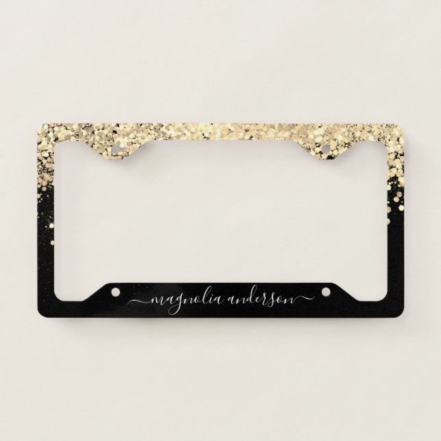 Black Gold Glitter Sparkle Monogram License Plate Frame (Front)