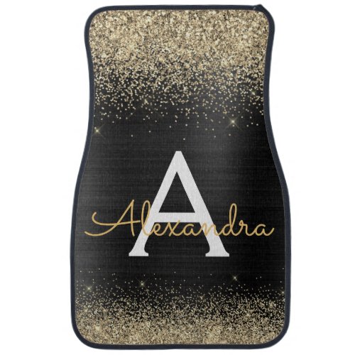 Black Gold Glitter Sparkle Monogram Modern Car Flo Car Floor Mat