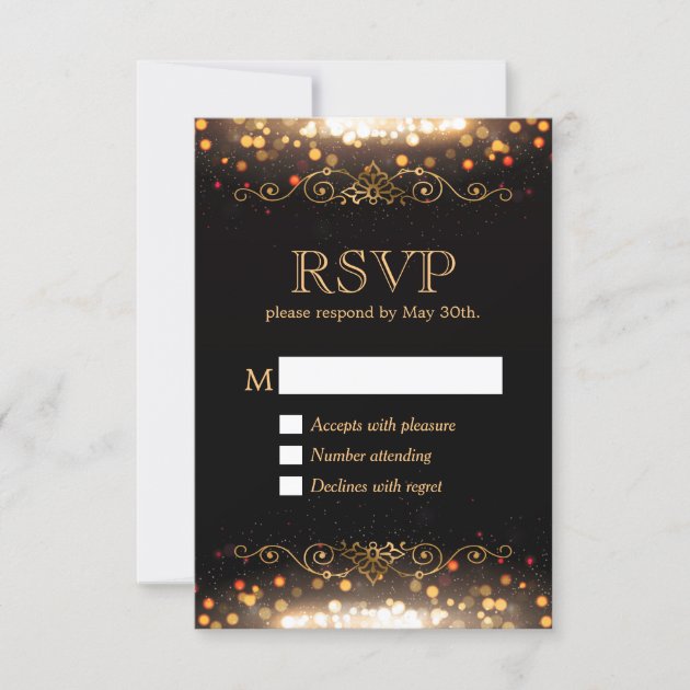 Black Gold Glitter Sparkles RSVP Respond Card
