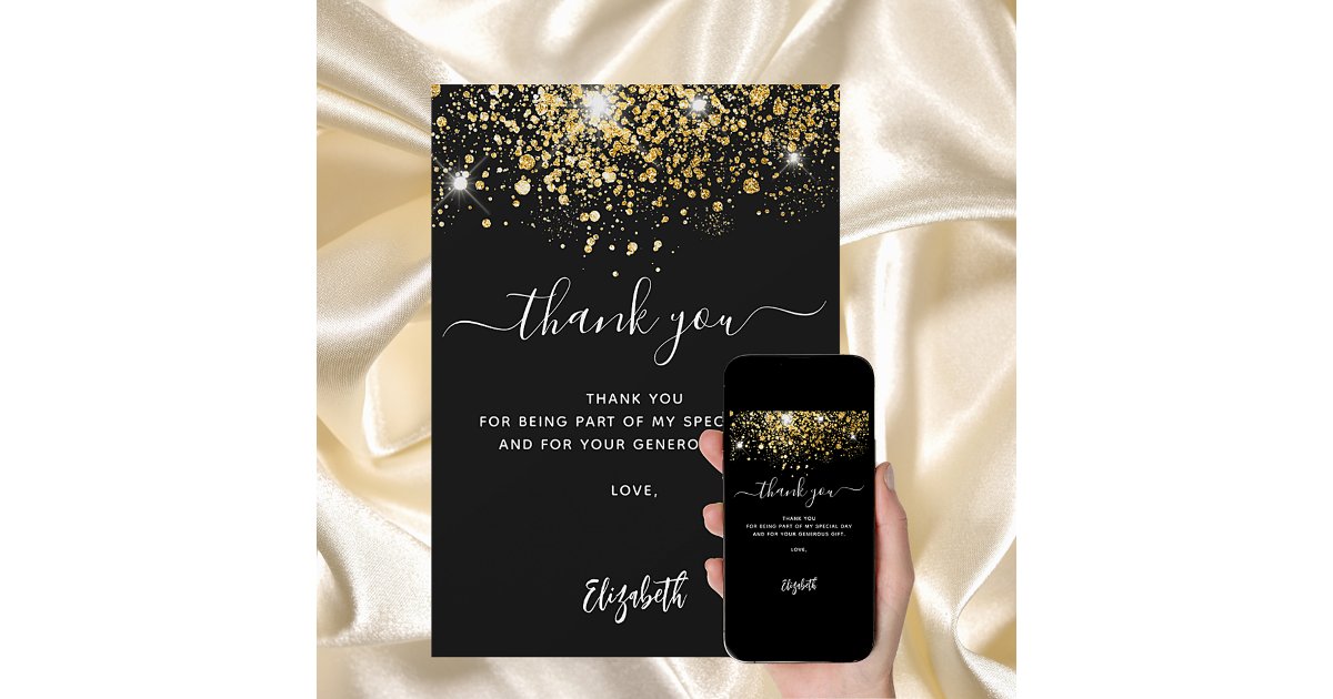 Black gold glitter sparkles script thank you card | Zazzle
