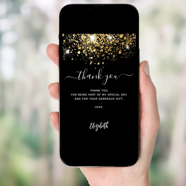 Black gold glitter sparkles script thank you card (Front Digital)