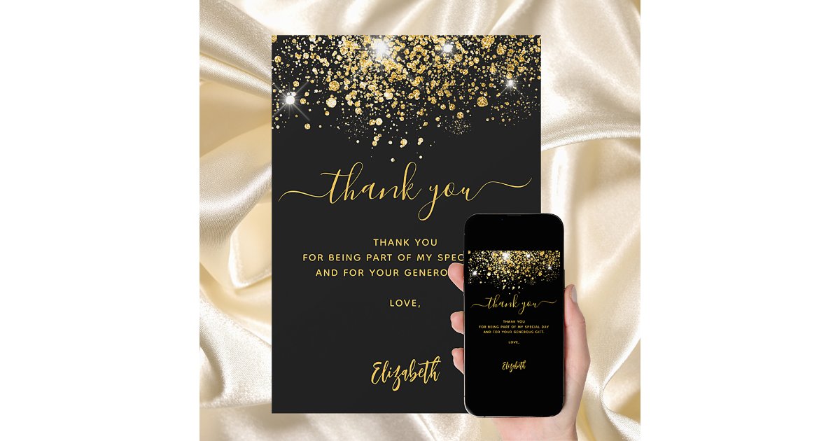 Black gold glitter sparkles thank you card | Zazzle