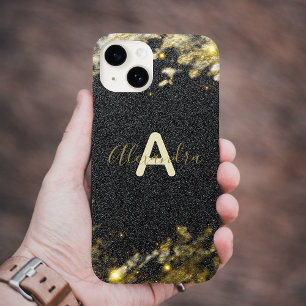 Black Gold Glitter Sparkly Initial Monogram  Case-Mate iPhone 14 Case