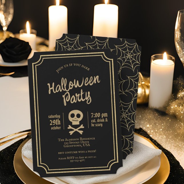 Black & Gold Glitter Spiderweb Halloween Party Holiday Card (Creator Uploaded)