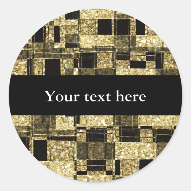 Black & Gold Glitter Squares Chic Favor Sticker (Front)