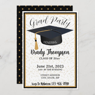 Black & Gold Glitter & Stars 2 Photo Grad Party Invitation