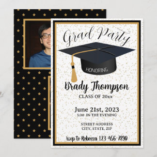 Black & Gold Glitter & Stars 2 Photo Grad Party Invitation