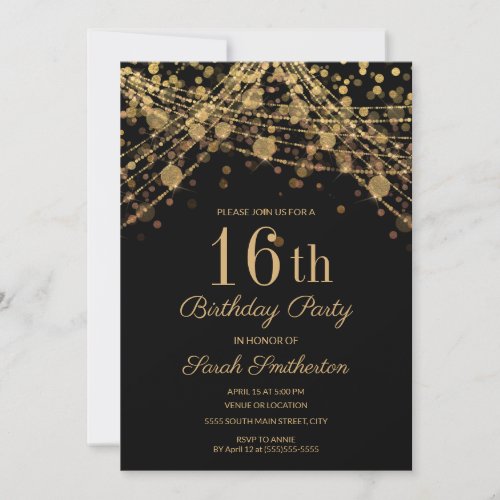 Black Gold Glitter String Lights 16th Birthday Invitation
