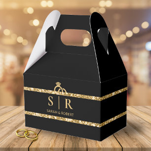 Black & Gold Glitter Strip Diamond Ring Wedding Favor Boxes