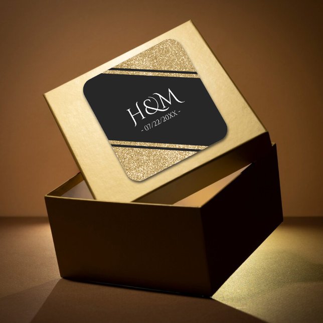 Black & Gold Glitter Stripe Wedding Favor Square Sticker (Black & Gold Glitter Stripe Wedding Favor Square Sticker)