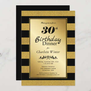 Black & Gold Glitter Striped 30th Birthday Dinner Invitation