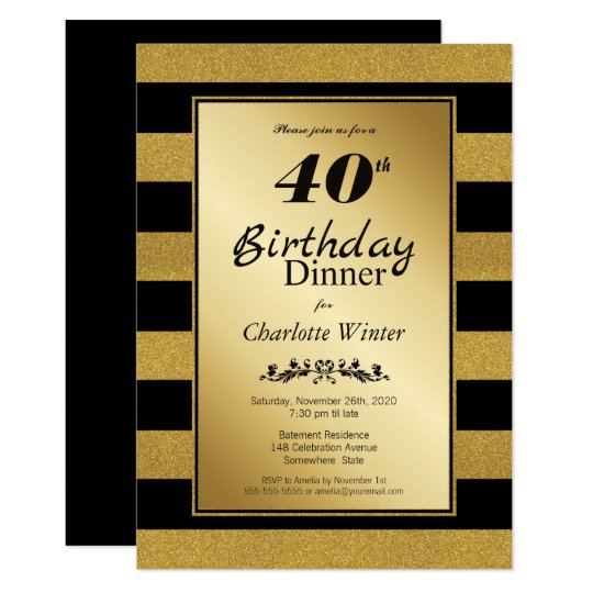 Black & Gold Glitter Striped 40th Birthday Dinner Invitation | Zazzle.com