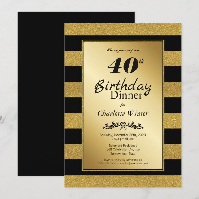 Black & Gold Glitter Striped 40th Birthday Dinner Invitation (Front/Back)