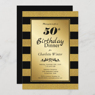 Black & Gold Glitter Striped 50th Birthday Dinner Invitation