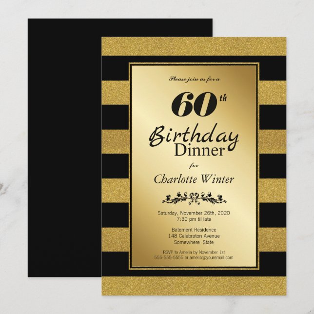 Black & Gold Glitter Striped 60th Birthday Dinner Invitation (Front/Back)
