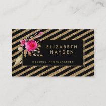 black gold glitter stripes Floral business card