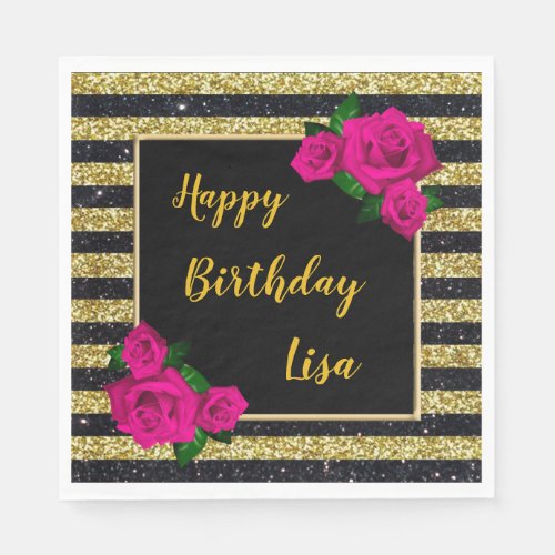 Black Gold Glitter Stripes Pink Roses Birthday Napkins