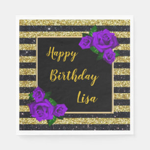 Black Gold Glitter Stripes Purple Roses Birthday Napkins