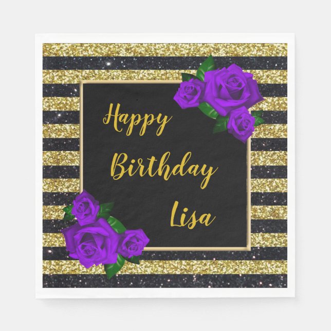 Black Gold Glitter Stripes Purple Roses Birthday Napkins (Front)