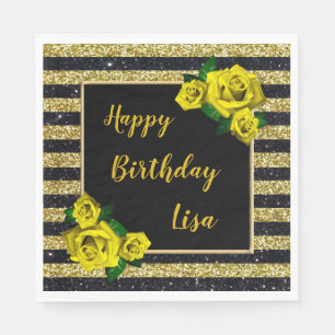 Black Gold Glitter Stripes Yellow Roses Birthday Napkins