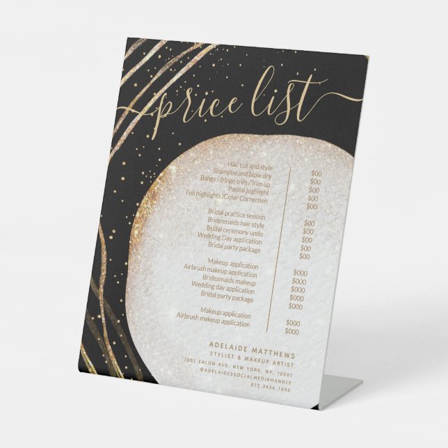 Black Gold Glitter Stylist Salon Price List Menu Pedestal Sign (Front)