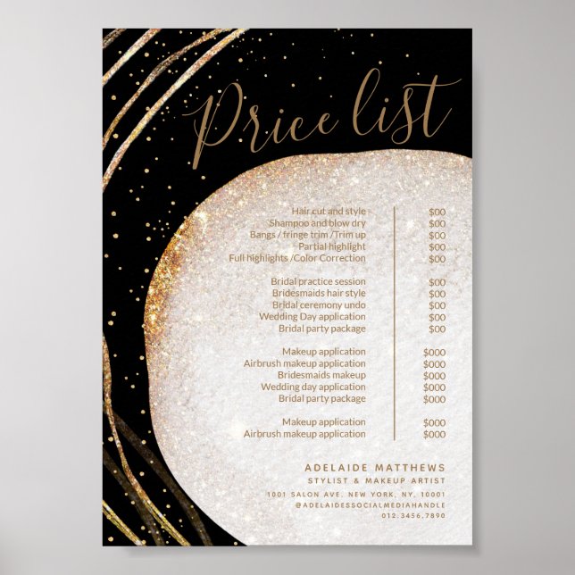 Black Gold Glitter Stylist Salon Price List Menu Poster (Front)