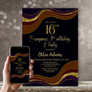Black Gold Glitter Surprise 16th Birthday Party Invitation