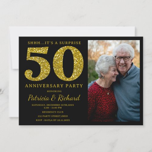 Black Gold Glitter Surprise 50th Anniversary Photo Invitation
